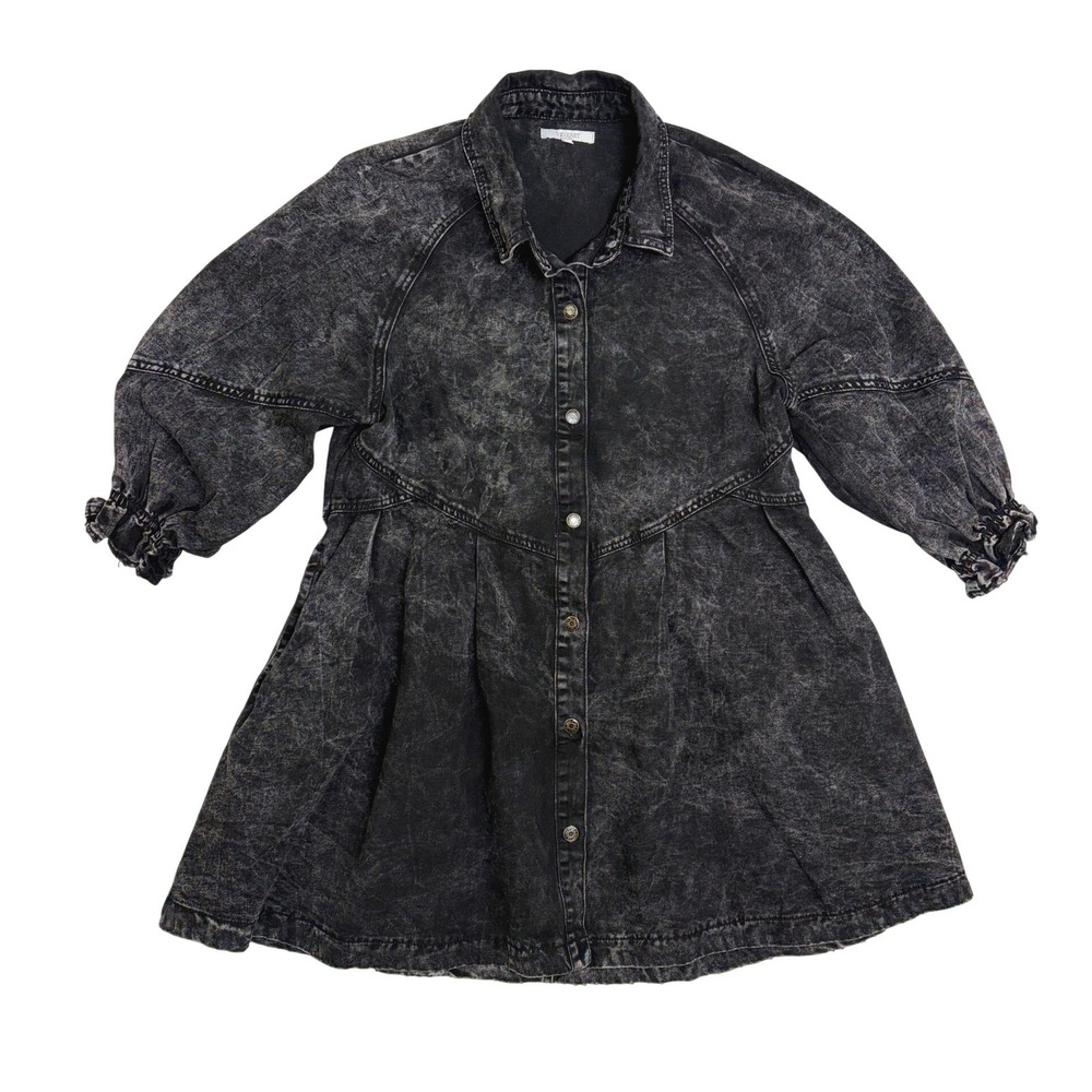 Veveret Acid Wash Denim Mini Dress Black Button‎ Front Grunge Babydoll Small